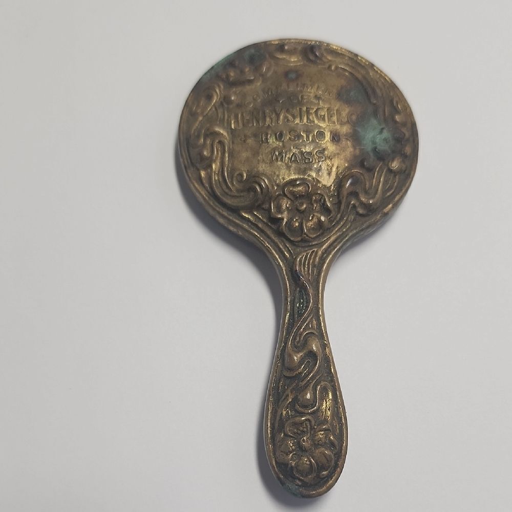 Vintage Ornate Metal Hand Mirror in Aged Brass Tone/ miniature!!